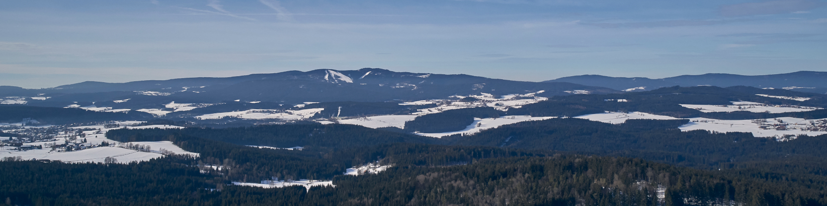 Blick von einem Aussichtsturm auf eine Wald- und Dorflandschaft an einem sonnigen Tag rund um Langdorf.