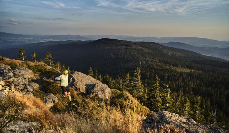 Ausblick vom Arber ins Tal während ein Trailrunner bergab läuft